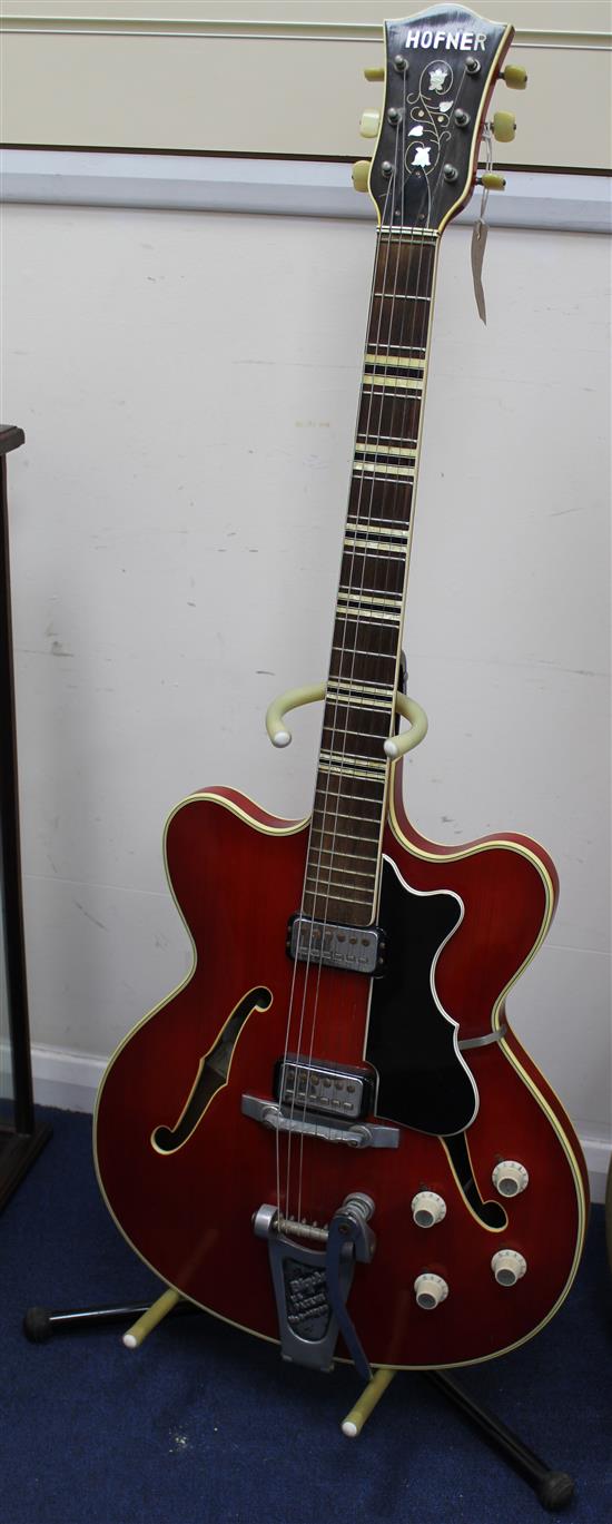 A cherry red Hofner Verithin semi-acoustic electric guitar, c.1964,